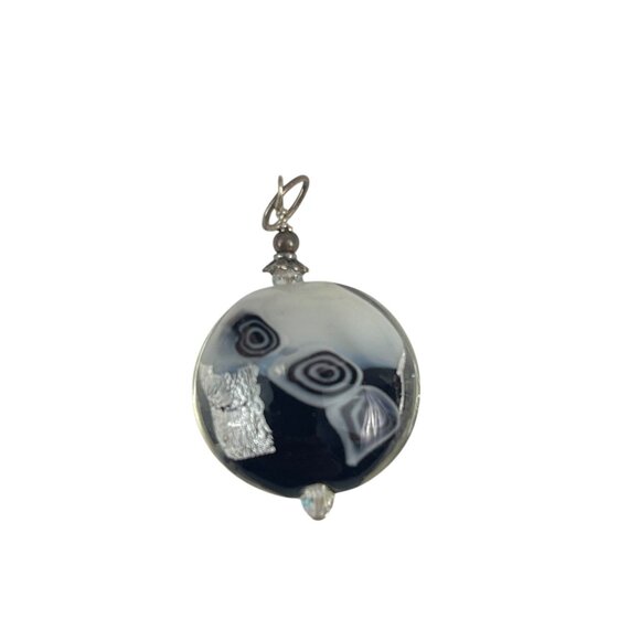 Handcrafted Black White Murano Glass Pendant Abstract Swirl Design Sterling Silv - Picture 1 of 6